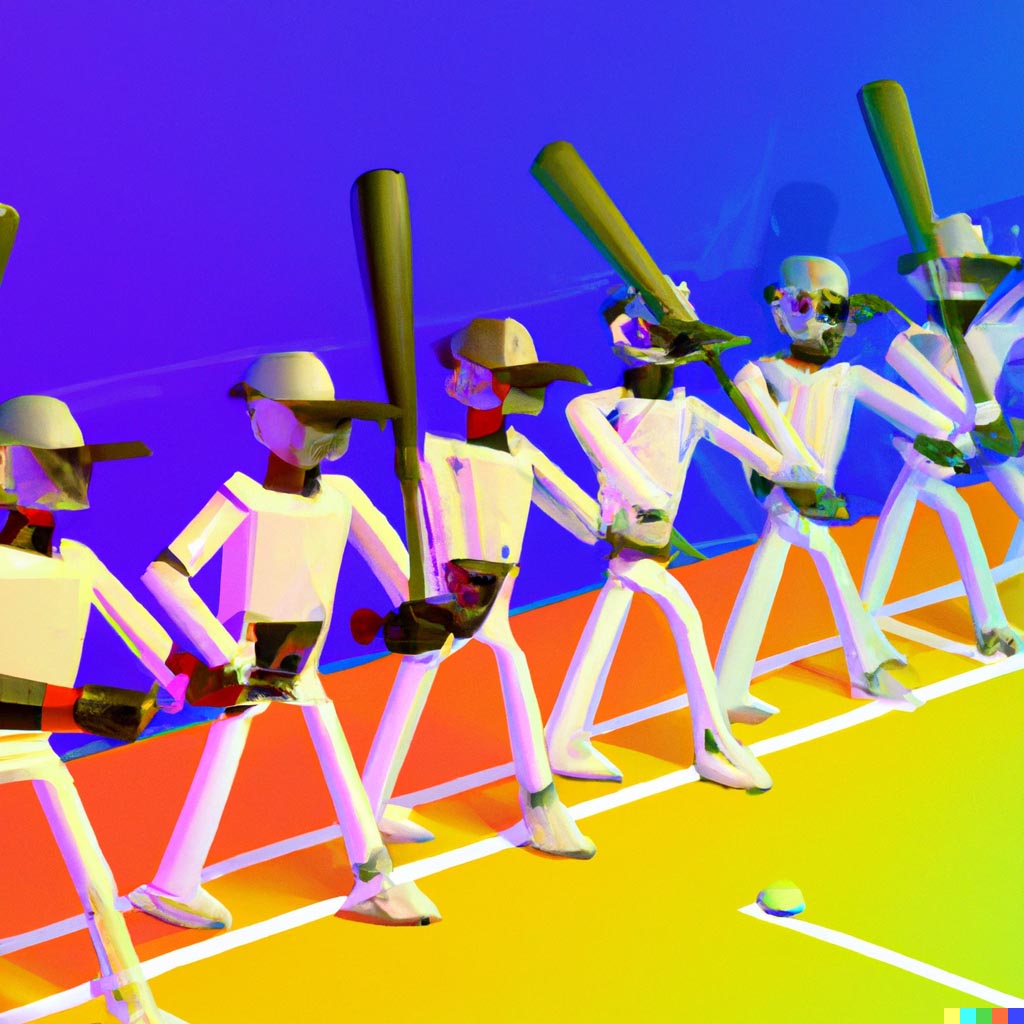 DALL·E prompt: robot baseball players all swinging their bats in a line, digital art 4k